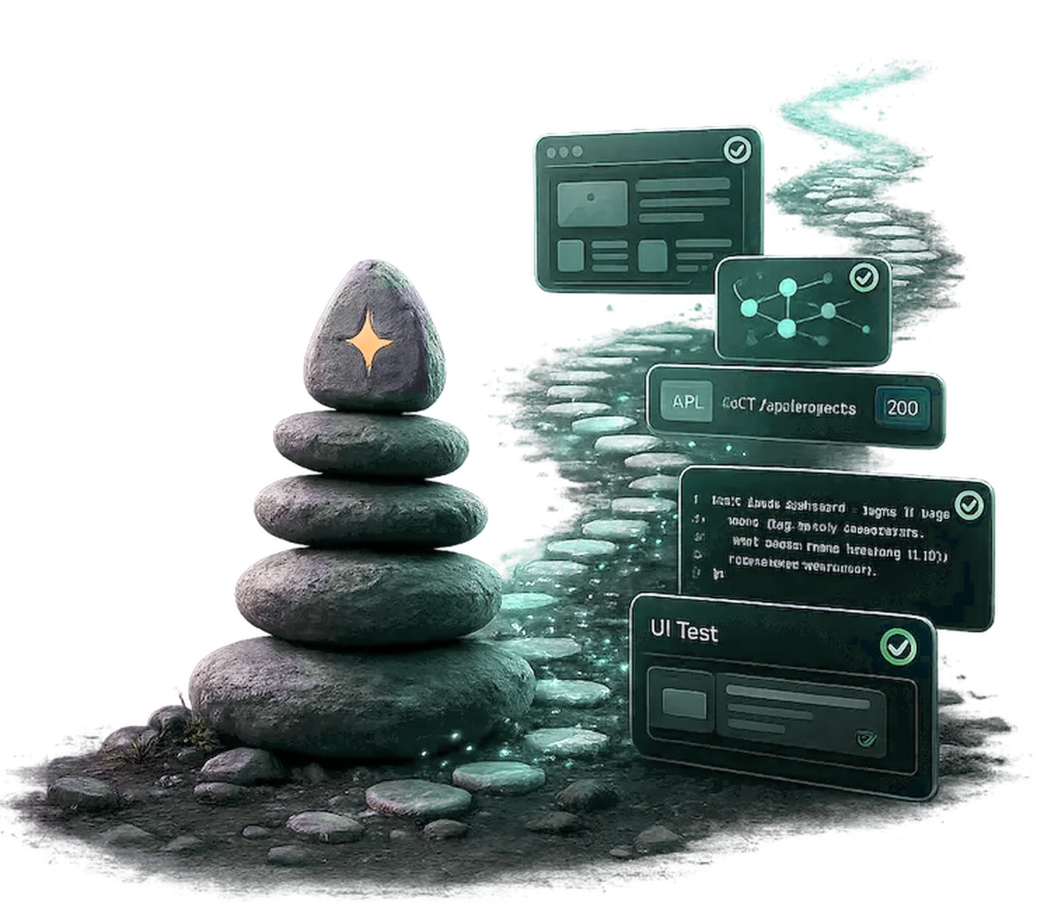 A cairn of stones beside a glowing path of stepping stones, with the screens of a test run along it